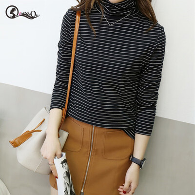 

Spring Autumn Women Tops New Slim Striped T-shirt Korean Style Turtleneck Long Sleeve Ladies Wild Tops Tee