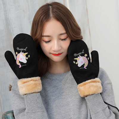 

Women Girls Lovely Unicorn Thick Plus Velvet Thickened Unicorn Full Gloves Fluffy Plush Mitten