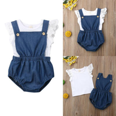 

Toddler Newborn Baby Girl Lace Cotton Tutu Top T-shirtDenim Romper Pants Outfit