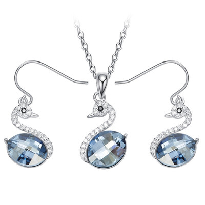 

925 Sterling Silver Cute Swan Cats Pendant Necklace Earring White Gold Plated Women Jewelry Made with Swarovski Crystals Sets Gift