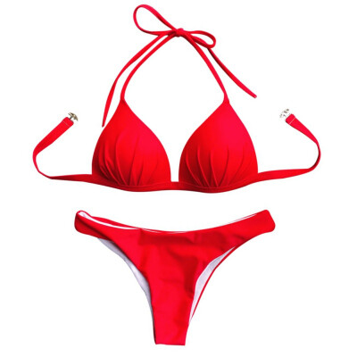 

bikini 2019 swimwear women Fashion Ladies Sports Bikini Suit Sexy Folds Solid Color Hanging Neck Two-Piece Swimsuit