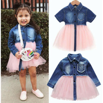 

Toddler Baby Girl Summer ShortLong Sleeve Denim Tulle Party Dress Clothes 6M-4T