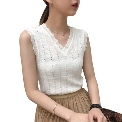 

Ladies Vest Top New Solid Hollow Out Elegant Tank Tops Sexy V Neck Sleeveless Fashion Tops Casual Woman Camisole