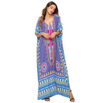 

Print Beach Sundress Sexy V-neck Bohemian Long Dress African Ethnic Summer Loose Vintage Kaftan Maxi Dresses