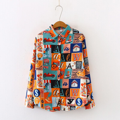 

Ins Hot Women Shirt Loose Personality Printed Long Sleeve Blouse Female White Orange Vintage Tops&Blouses