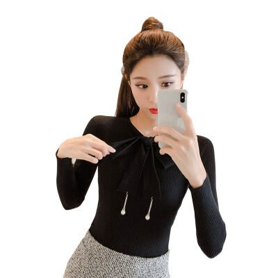 

Women Autumn Knitted Bow Sweater Round Collar Slim Solid Long-Sleeved Casual Wild Bottoming Tops Sweet Sweaters Tops Female