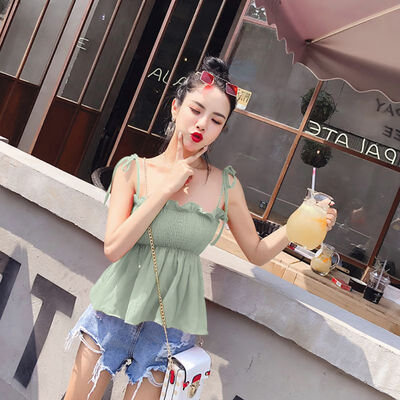 

Women Solid Sleeveless Strapless Slim Chiffon Camisole Fashion Sweet Spaghetti Strap Lace Up Ruffles Camis
