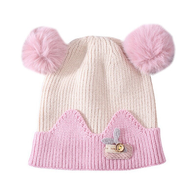 

Newborn Hat Toddler Kids Baby Warm Winter Wool Hat Cartoon Print Knitted Beanies Fur Hat With Plush Balls 0-24M