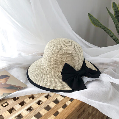 

Hat female summer brim woven straw hat folding small fresh beach bow Joker Korean sun visor