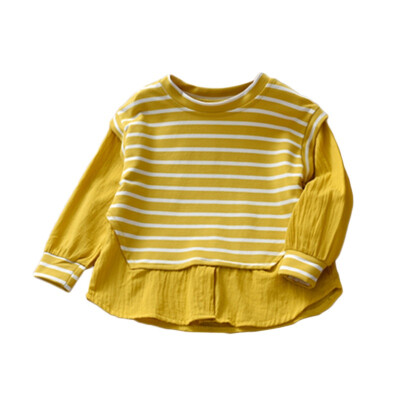 

Children Clothing Girls Comfortable Sweater Stripe Two Piece Stitching Long Sleeve Round Collar Cotton Casual Summer Tops