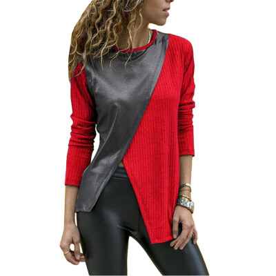 

Fashion Women Faux Leather Patchwork Color Block Irregular Long Sleeve T-Shirt