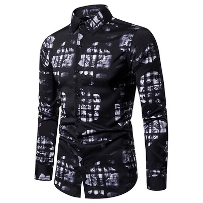 

Toponeto Mens Ethnic Style Vintage Printing Slim Long Sleeve Dress Shirt Blouse Tops