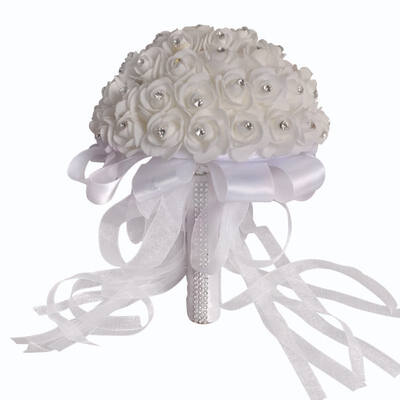 

White Artificial Foam Roses Hand Flowers Sweet Wedding Bouquet Bridal Flower with Lace&Pearl White Wedding Supplies