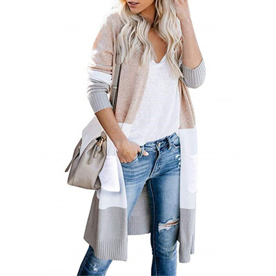 

Toponeto Women Long Sleeve Color Striped Pocket Casual Knitted Outerwear Cardigan Sweater