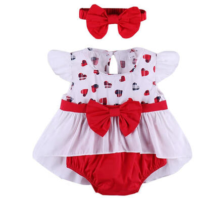 

Baby Clothing Set Short Puff Sleeve O Neck Bow Little Heart Printing DressShortsHead Band Baby Three Pieces Suit
