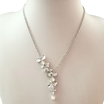 

925 Sterling Silver Gold Orchid Flower With Pearl Pendant Necklaces Long Chain Collars Necklace For Women