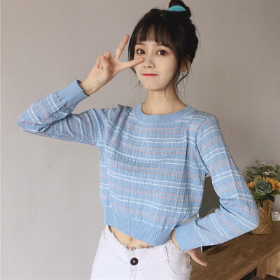 

Casual Striped Knitting T Shirt Women Long Sleeve Road Navel O Neck Top Tops Short T-shirt