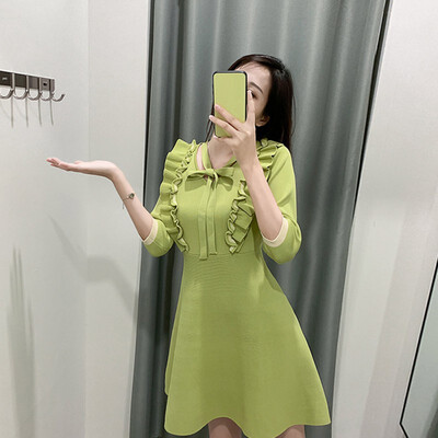 

Women Fashion Dress Solid Color V Neck Sexy Temperament Strap Waist Slim Shirts Half Sleeve Autumn Dress
