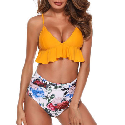 

2019 Women High Waist Bra sets Swimsuit V Neck Reffle Hem Push Up Plus Size Swimwear Female Swimming Bathing Suit