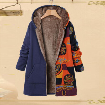 

Toponeto Plus Size Women Winter Warm Printed Pockets Thicker Zipper Hooded Coat Outwear