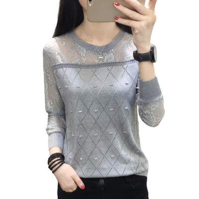 

Women Simple Spring Autumn Long Sleeve Knit Stitching Embroidery Lace Cute Loose Round Collar Sweater
