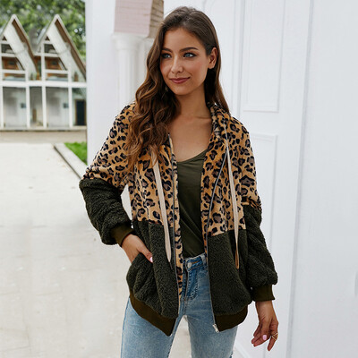 

Casual Leopard Women Zippers Jacket Winter Loose Fashion Hooded Cap Coat