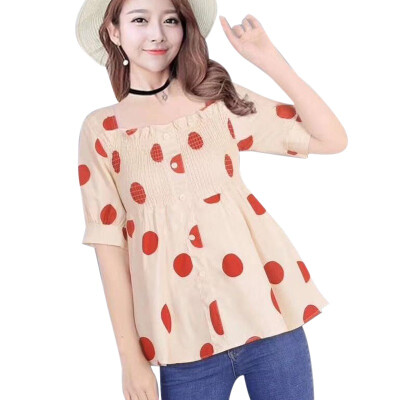 

2019 New Women Blouse Fashion Polka Dot Print Short Sleeve Shirt Casual Loose Square Collar Button Ruffles Blouses Basic Tops