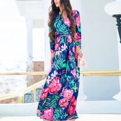 

Tailored Fashion Womens V-Neck Floral Long Sleeve Printed Strappy Party Beach Long Dress