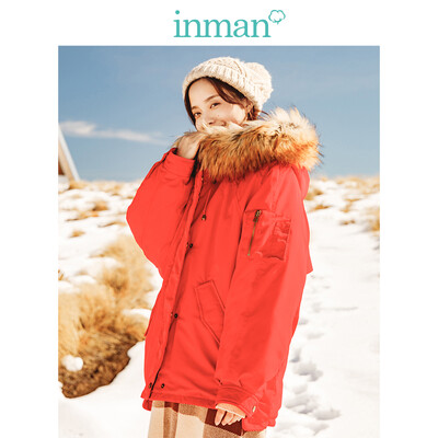 

INMAN 2018 winter new hooded big fur collar loose casual short down jacket female 18841VP22184 red L