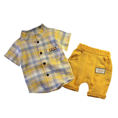 

YellowRed O-Neck 6M-4T Plaid Single Summer Children Baby Boys Casual Short Sleeve Plaid Print T-shirt TopsShorts Costume Set