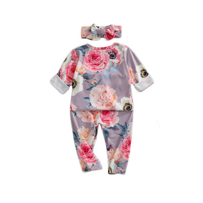 

Spring Autumn Casual Baby Flower Printing Long Sleeve Top And Trousers And Headband Kids Two-piece Outfit Set