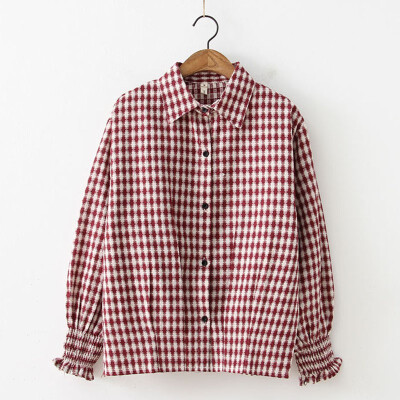 

Autumn Spring Vintage Shirts Women Plaid Slim Stand collar Women Casual Loose Shirts