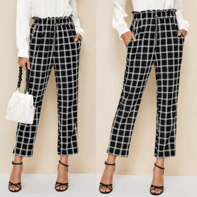 

Womens Plaid Palazzo Wide Leg Side Pocket Zipper Ladies Trousers Baggy Pants US