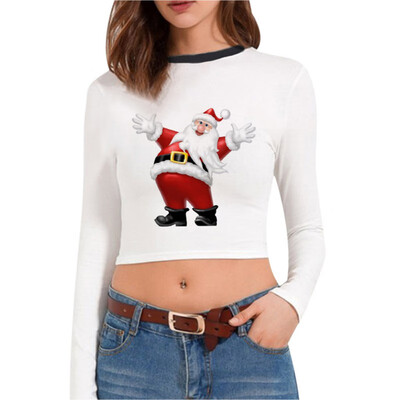 

Christmas T-shirt Santa Claus Christmas Tree Print Multiple Choices Long-Sleeve Cropped tshirt New Hot Women Clothes