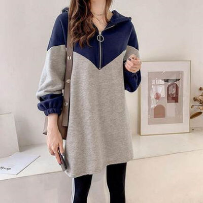 

2019 New Casual Fashion Patchwork Color Hoodies Sweatshirt Women Long Sleeve Zip Pullover Mid Long Tops Outwear Coat