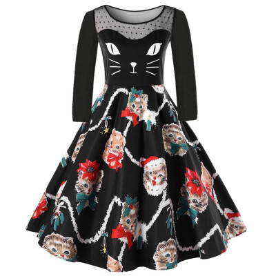 

Gobestart Women Plus Size Fashion Christmas Plus Size Kitten Pattern Swing Dress