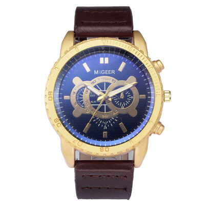 

Gobestart High-End New Geneva Mens Leather Strap Stainless Steel Quartz Analog Watch
