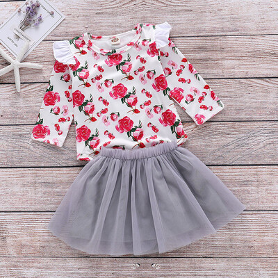 

New Autumn Baby Girl Long Sleeve Flower Pattern Cotton Romper Mini Mesh Skirts Casual Outfits Set