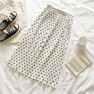 

Polka Dot Print Skirt Women Elastic Waist Lace Up Summer Skirts Pleated Long Skirt Ladies Elegant Female Elegant