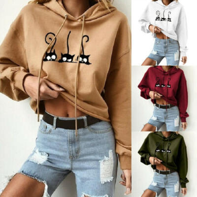 

Womens Long Sleeve Hoodies Blouses Loose Cat Printing Tops T Shirts Plus Size