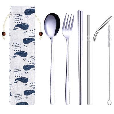 

Toponeto Stainless Steel Dinnerware Set Metal Straw Spoon Fork Chopsticks Tableware 6 Pcs
