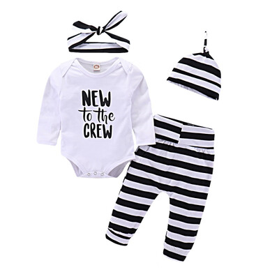 

4Pcs Newborn Girls Boys Rompers Infant Long Sleeve Letter Print Jumpsuit Autumn Cotton Pants Headband Hats Outfits Set