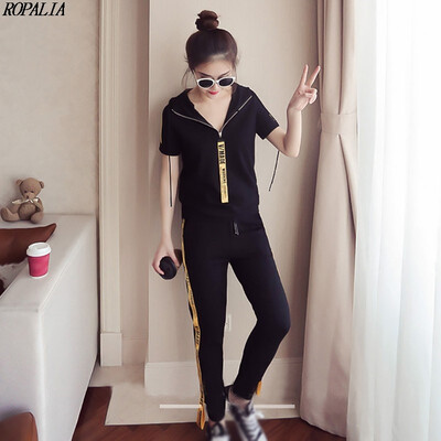

Womens Fashion Zipper Drawstring Hooded Letter Pattern Top And Ankle-Length Pants 2 Pieces Set