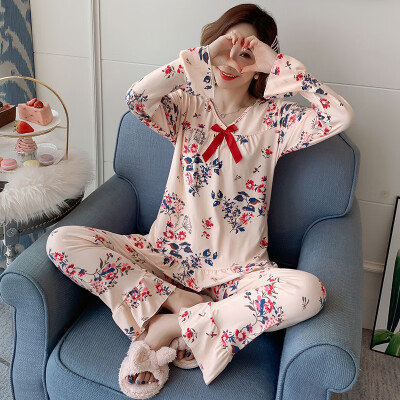 

Autumn Women Pajamas Sets Flower Print Fashion Bow Luxury Female Faux Silk Two Pieces Shirts Pants Nighties Sleepwear