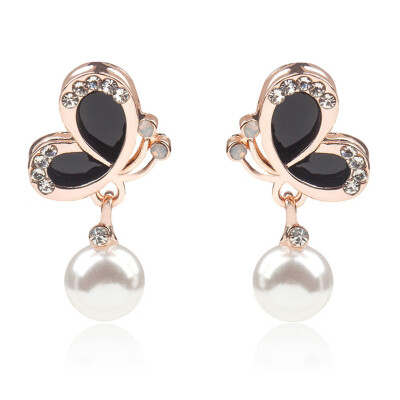 

New Butterfly Imitation Pearl Crystal Stud Earrings For Women Wedding Girl Gift Jewelry