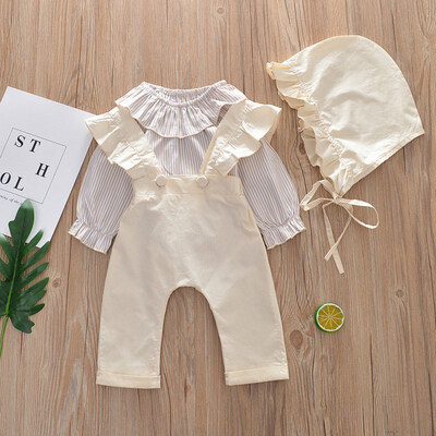 

Autumn Baby Girl Sets Childrens Clothing Fashion Outfits Set Stripe Shirt Strap Long PantHat Toddler Clothes