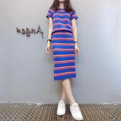 

2 piece set knitted Women short sleeve o-neck top skirts for female tops Skirts two pieces sets womens suits Elegant Striped