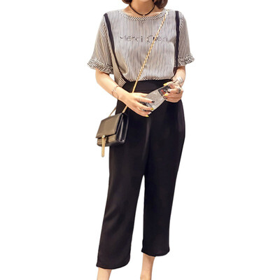 

Cosy Women Two Pieces Set Fashion O-Neck Striped Top And Overalls Set Striped Female clothes -XXL