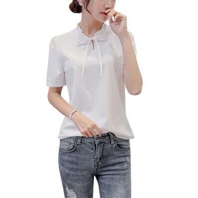 

Hot Sale Stylish Plus Size Slim Solid Color Chiffon Shirts Lady Office Stand Ruffed Lace Neck Blouses Korean version