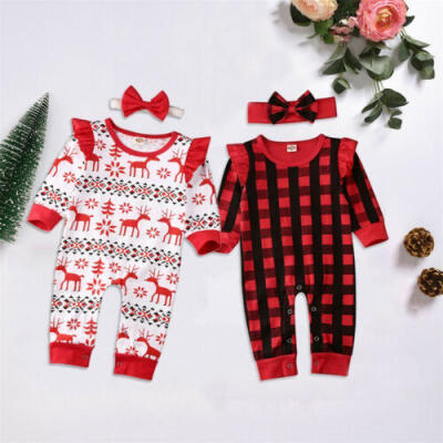 

US Christmas Infant Baby Girl Clothes Plaids Deer Print Romper Xmas Party Outfit